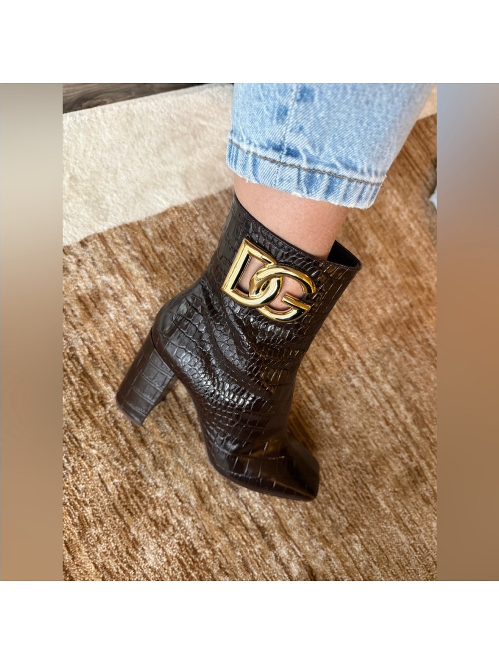 Dolce & Gabbana Black Croc-Embossed Ankle Boots with Gold DG Buckle